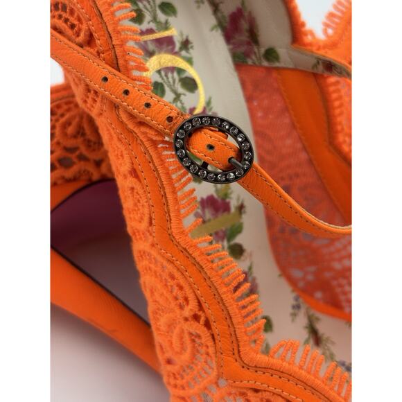 Gucci Mary Jane Heels Neon Orange Lace Size 39 Rhinestone Buckle Authentic - Picture 10 of 14